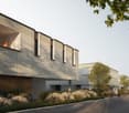Modern design, multiple windows, balconies, driveway, greenery