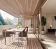 wooden deck, dining table, chairs, glass wall, plants, outdoor scenery
