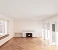 modern fireplace, parquet flooring, white walls, large windows, radiators