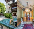 Luxury house with a vintage car in the driveway, elaborate interior with chandelier, ornate hallways, entrance with decorative horse statue, classical architecture