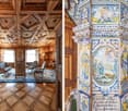 wooden ceiling, wooden floor, wooden walls, large windows, decorative rug, chairs, table, lamp, mirror
