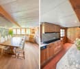 Dining room with wooden floor, long table, white chairs and mural. Kitchen with wooden cabinets, granite countertop, modern stove, and flowers.