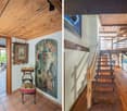 Living room with wooden beams, tiled floor, wooden chair, wooden cabinet, piano, and decorative wall painting.