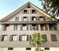 4 story house, brick facade, multiple windows, gray shutters, triangular roof, palm tree in front