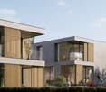 modern architectural design, grey walls, wooden slats, glass windows, balcony, trees, shrubs