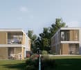 modern architecture, two story, gray concrete, wooden shutters, several balconies, garden in front