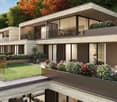 modern design with glass walls, terraces with grass, flowers, surrounded by trees