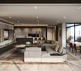 large open-plan living space, floor-to-ceiling windows, modern furniture, minimalist decor, dining area with a long table