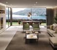 Spacious living room, modern furnishings, glass wall, fireplace, dining table with chairs, table lamp, view to the lake