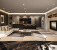 sofa, coffee table, modern design, built-in cabinets, shelves, counter, stools, TV, bar, fireplace, carpet, plant