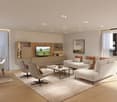 modern living room with large windows, flat screen TV, white sofa, coffee table, armchairs, rug, dining table, chairs