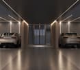 underground parking garage, modern design, multiple cars parked, LED lighting, concrete floor, wooden partitions