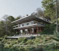 Modern house, concrete and glass, raised ground floor, swimming pool, balcony, terrace