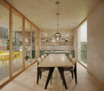 Dining area with large table and chairs, wooden flooring, modern lamps, and glass walls with balcony access