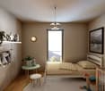 Cozy bedroom with large window providing a scenic mountain view, wooden floor, white walls, pendant light fixture, shelving unit with plants, and a comfortable bed with bedding