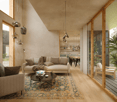 modern design, large windows, wooden floor, white walls, large sofa, coffee table, rug, balcony, view of the outside
