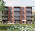 Modern apartment building, brown exterior, large glass windows, multiple balconies, outdoor seating area, garden