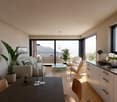 modern living room with large windows, wooden floor, white walls, large couch, coffee table, plants, wooden chairs, table with candles, kitchen with cabinets and countertop