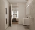 Bathroom: shower, bathtub, toilet, sink, shelves, towel holder, white tiles, glass door