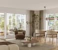 Large windows, sliding glass doors, wooden flooring, dining table, chairs, round coffee table, couch, cushion
