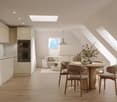 modern design, open floor plan, wooden floor, skylights, dining area, living area, kitchen