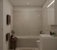 minimalistic design, white tiles, glass shower, bathtub, wooden side table, modern fixtures