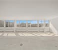 empty room, large windows, tiled floor, white walls