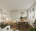 modern kitchen with dining area, wooden floors, white cabinetry, large windows