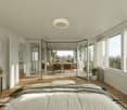 bedroom with a view to a terrace and balcony with a dining table