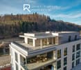modern multistory house, 4 floors, terrace, large windows, surrounding trees