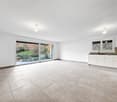 empty room, large windows, balcony, modern kitchen design, tiled floor