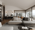L-shaped sofa, glass bookcase, glass doors, glass windows, wooden floor