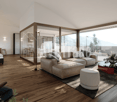 living room, wooden floor, L-shaped sofa, table, glass doors, balcony