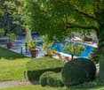 Swimming pool, garden with shrubs, lemon trees, grassy lawn, patio with table, chairs, and umbrella