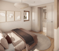 Bedroom with a bed, area rug, lamp, wardrobe, artwork, window