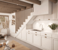 Open plan kitchen-dining with modern wooden cabinets, a marble countertop, a sink with faucet, a gas stove, a stove hood above, a staircase, a vase, a potted plant, a dining table with food, a wooden chair, a white armchair