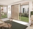 wooden chair, wooden desk, glass sliding doors, laptop, books, painting, garden view