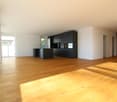 Open kitchen, wooden floor, large windows, balcony