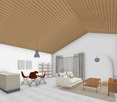 modern living room with wooden ceiling, white walls, large windows, balcony, sofa, coffee table, dining table, chairs, shelves, kitchen counter, lamps
