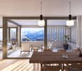 dining table with chairs, sofa with cushions, white floor, balcony, big windows with view