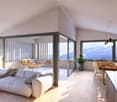 modern open plan living/dining area with sofa, dining table, large glass doors to balcony with seating, windows overlooking mountains