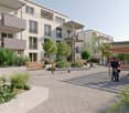 white modern residential buildings, balconies, courtyard, plants, trees
