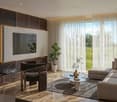 wooden floor, sofa, glass table, TV, chairs, glass partition, curtains, plants, open view