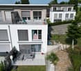 Modern white house, 2 floors, balcony, outdoor seating, garden, parking area