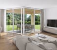 wooden floor, large windows, white walls, balcony, table, chairs, sofa, coffee tables, television