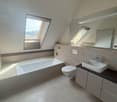 Spacious bathroom with a large bathtub, vanity sink, and toilet. The room has a modern, minimalist design with gray tile flooring and walls. There is a skylight window providing natural light.