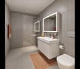 Modern bathroom with walk-in shower, vanity, toilet, towel rack