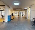 Empty office with tiled floor, glass doors, desks, blue cabinets, ceiling lights, office chairs