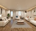 modern living room with white couches, wooden floor, round coffee tables, lamps, and abstract art on the wall
