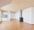 wooden floor, white walls, fireplace, kitchen area, glass doors